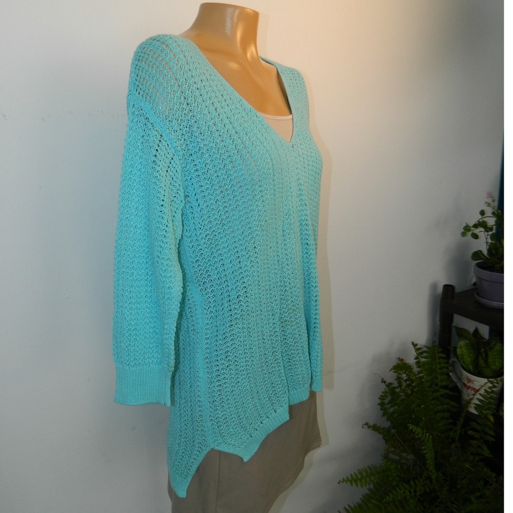 J. Jill Sweater Women Small Aqua Blue Open Knit V-Neck 3/4 Sleeve Cotton Blend